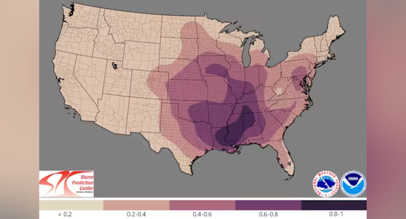 A map showing the average number of days per year with a tornado registering EF1 strength or greater within 25 miles of each point shows Tornado Alley’s shift eastward. The period covered in 1986 to 2015. NOAA Storm Prediction Center A map showing the average number of days per year with a tornado registering EF1 strength or greater within 25 miles of each point shows Tornado Alley’s shift eastward. The period covered in 1986 to 2015. NOAA Storm Prediction Center